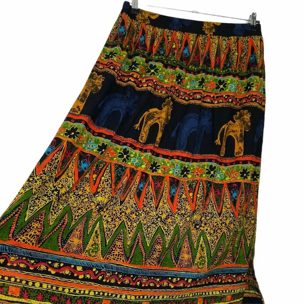 Horse Skirt 80s 90s Vintage Sharon Anthony Women's Navy Orange Green Tribal 18